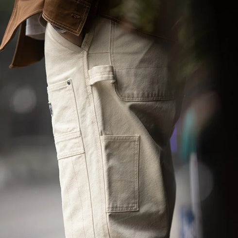 Men’s Retro Workwear Off-White Jeans – Distressed Loose Fit Multi-Pocket Woodcutter Pants